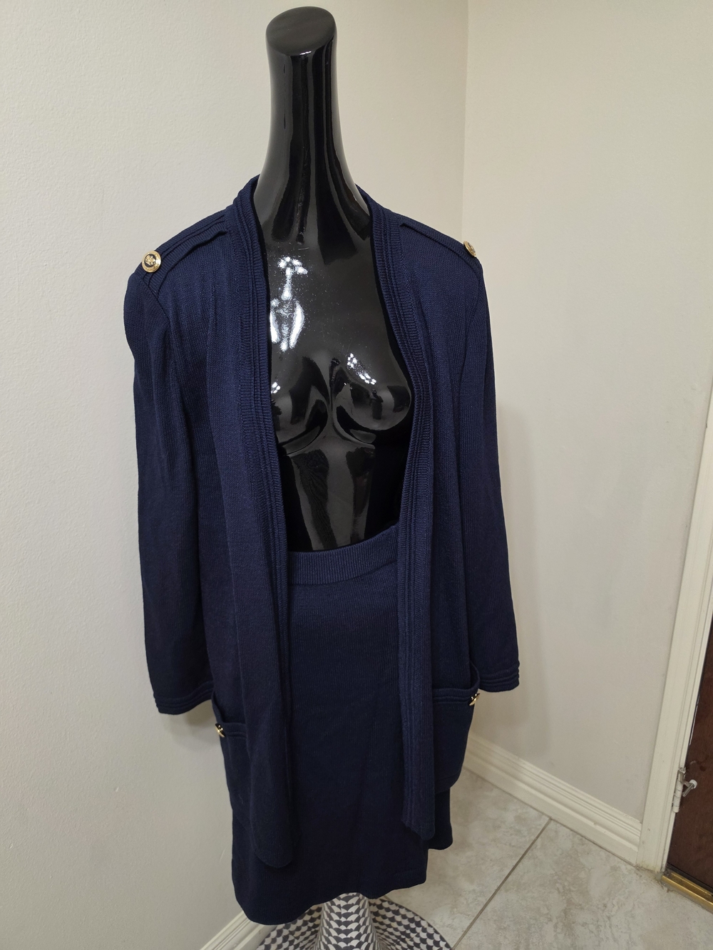 St. John Navy Open-Front Knit Blazer with Gold Buttons. Skirt& Blazer